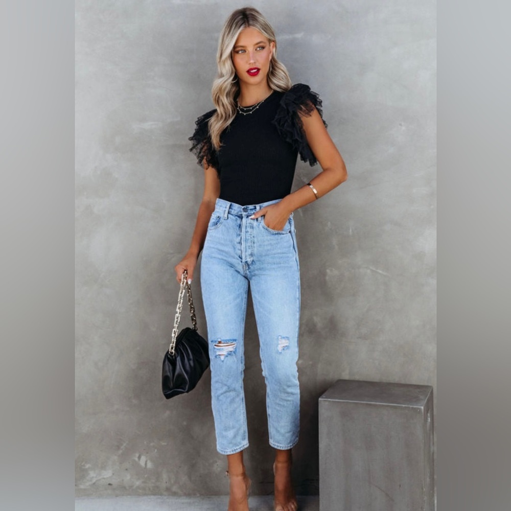 Dotty Mesh Ruffle Sleeve Ribbed Knit Top - Picture 3 of 9